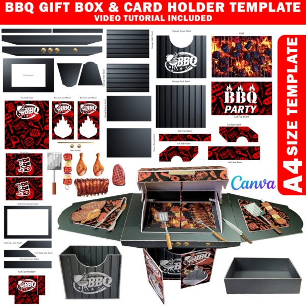 BBQ Grill Gift Box A Gift Card Holder Design Template, Foam Board Creative Art Grill Box With Drawer, Party Gift Box, Canva Editable