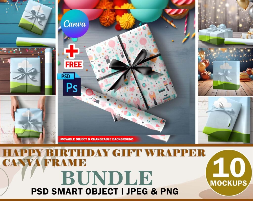 10x Canva Birthday Gift Wrapper Mockup Template Bundle
