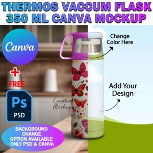 Canva 12oz Thermos Vacuum Flask Mockup With Transparent Lid