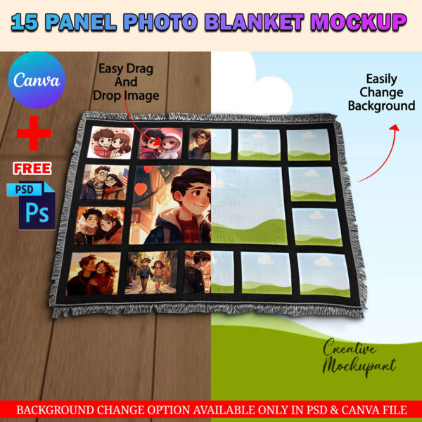 Canva 15 Panel Photo Blanket Mockup With Fringe Edges For Sublimation