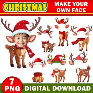 Christmas Add Your Own Photo Face, DIY Reindeer Yourself PNG Bundle