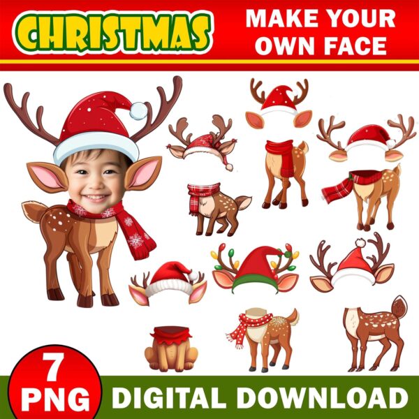 Christmas Add Your Own Photo Face, DIY Reindeer Yourself PNG Bundle